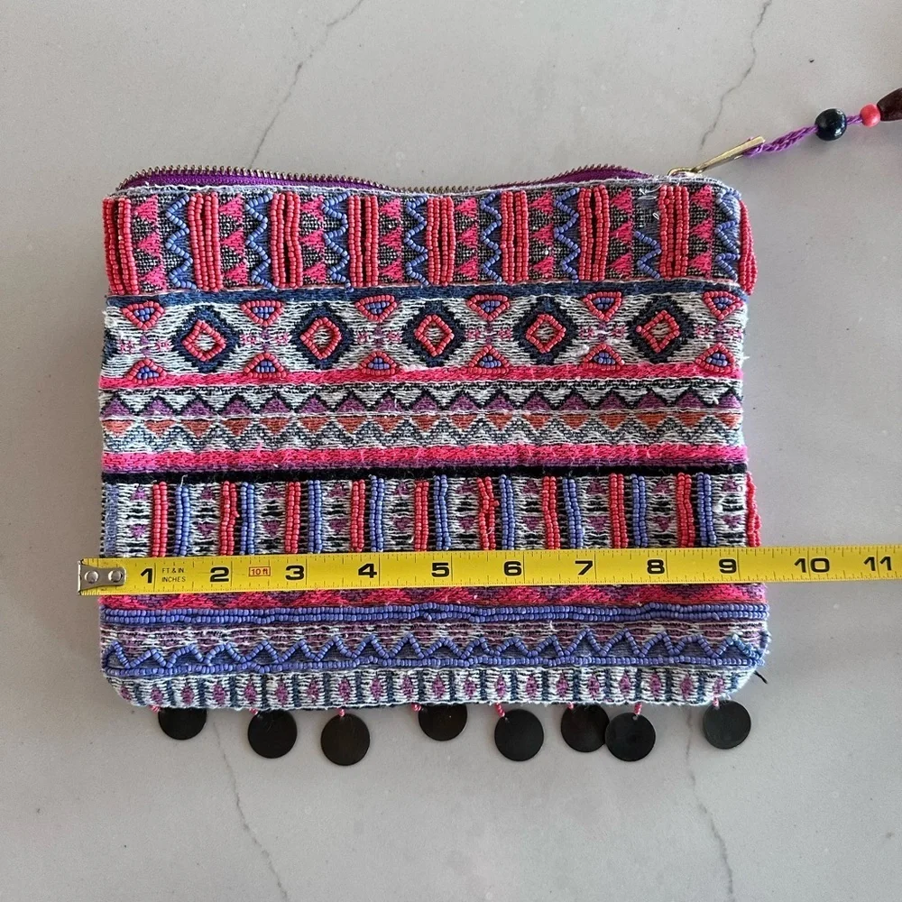 Merona x Target Clutch Purse Zip Closure Tribal  Boho Beaded Fringe Tassel EUC - Picture 6 of 11